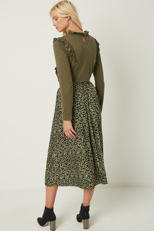 Leopard Print Pleated Midi Skirt