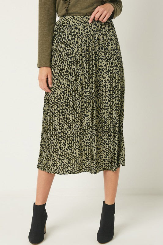 Leopard Print Pleated Midi Skirt