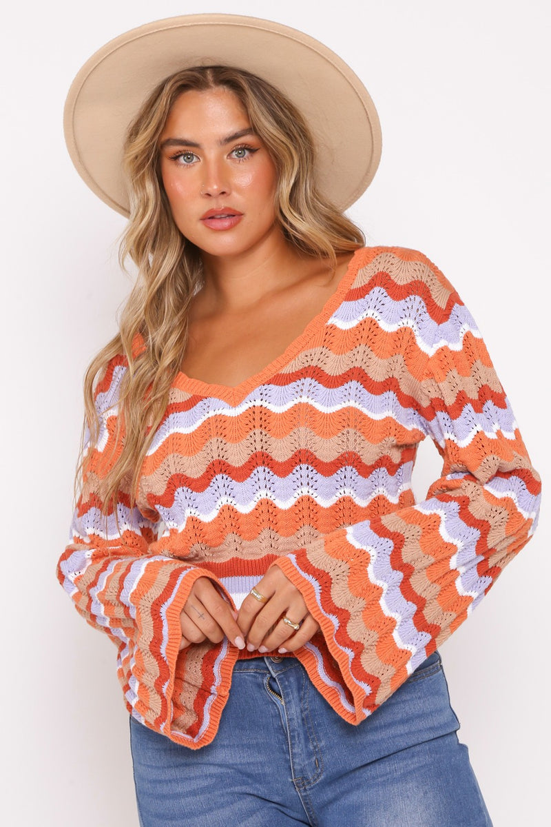 Bell Sleeve Knit V-Neck Top