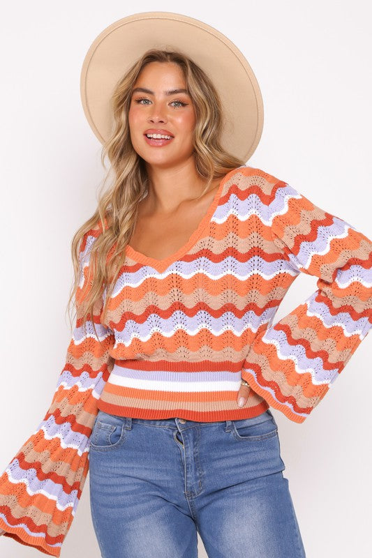 Bell Sleeve Knit V-Neck Top