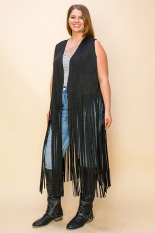 Cowgirl Long Fringe Vest (Black - 1X - 3X)