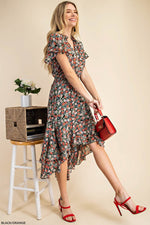 Flutter Sleeve Floral High-Lo Dress