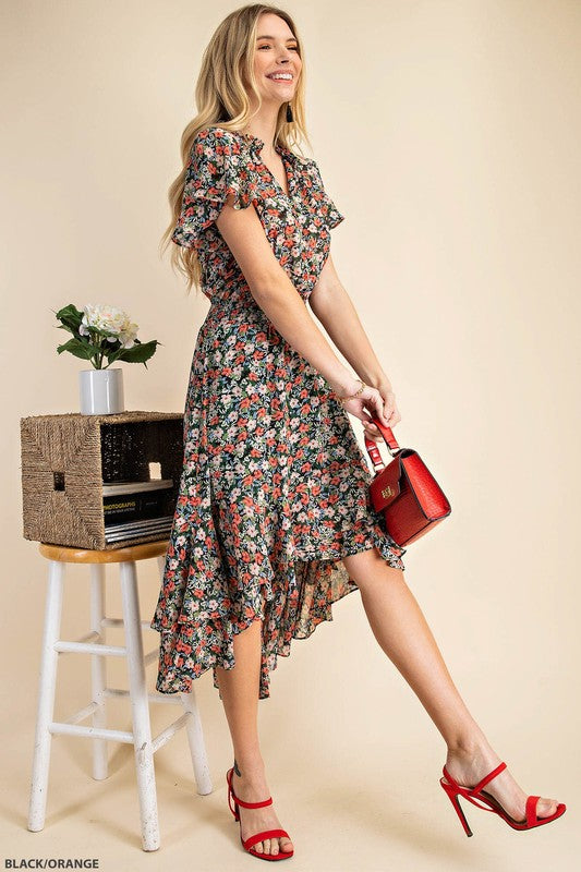 Flutter Sleeve Floral High-Lo Dress