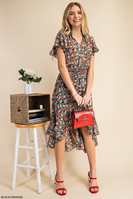 Flutter Sleeve Floral High-Lo Dress