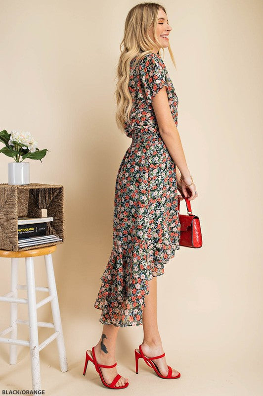 Flutter Sleeve Floral High-Lo Dress
