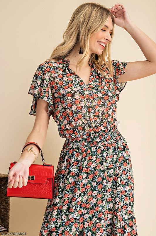 Flutter Sleeve Floral High-Lo Dress
