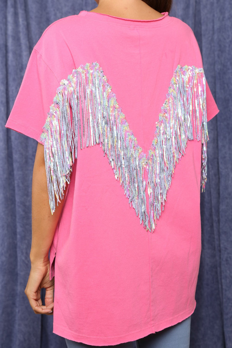 Back Sequin Fringe Short Sleeve Top