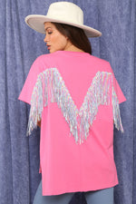Back Sequin Fringe Short Sleeve Top