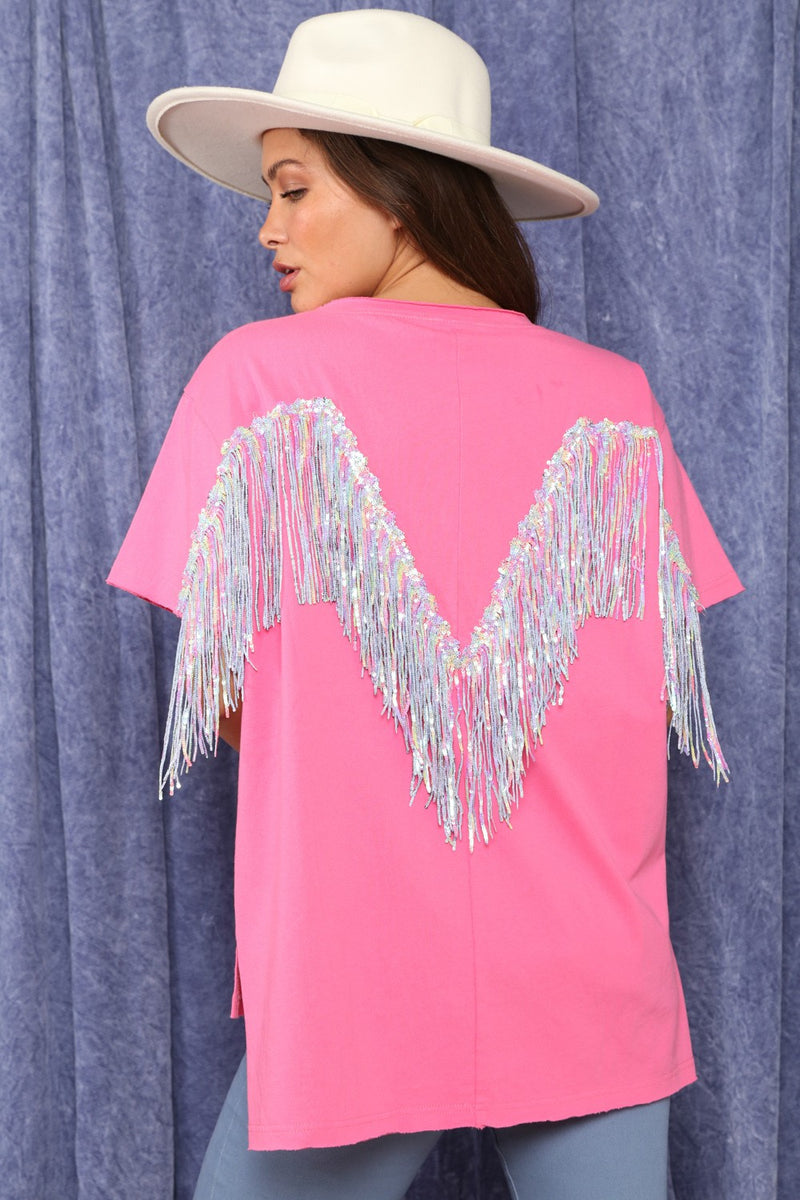 Back Sequin Fringe Short Sleeve Top