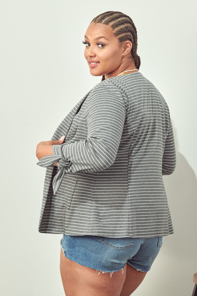 Tie Sleeve Knit Blazer (Grey - Plus Size)