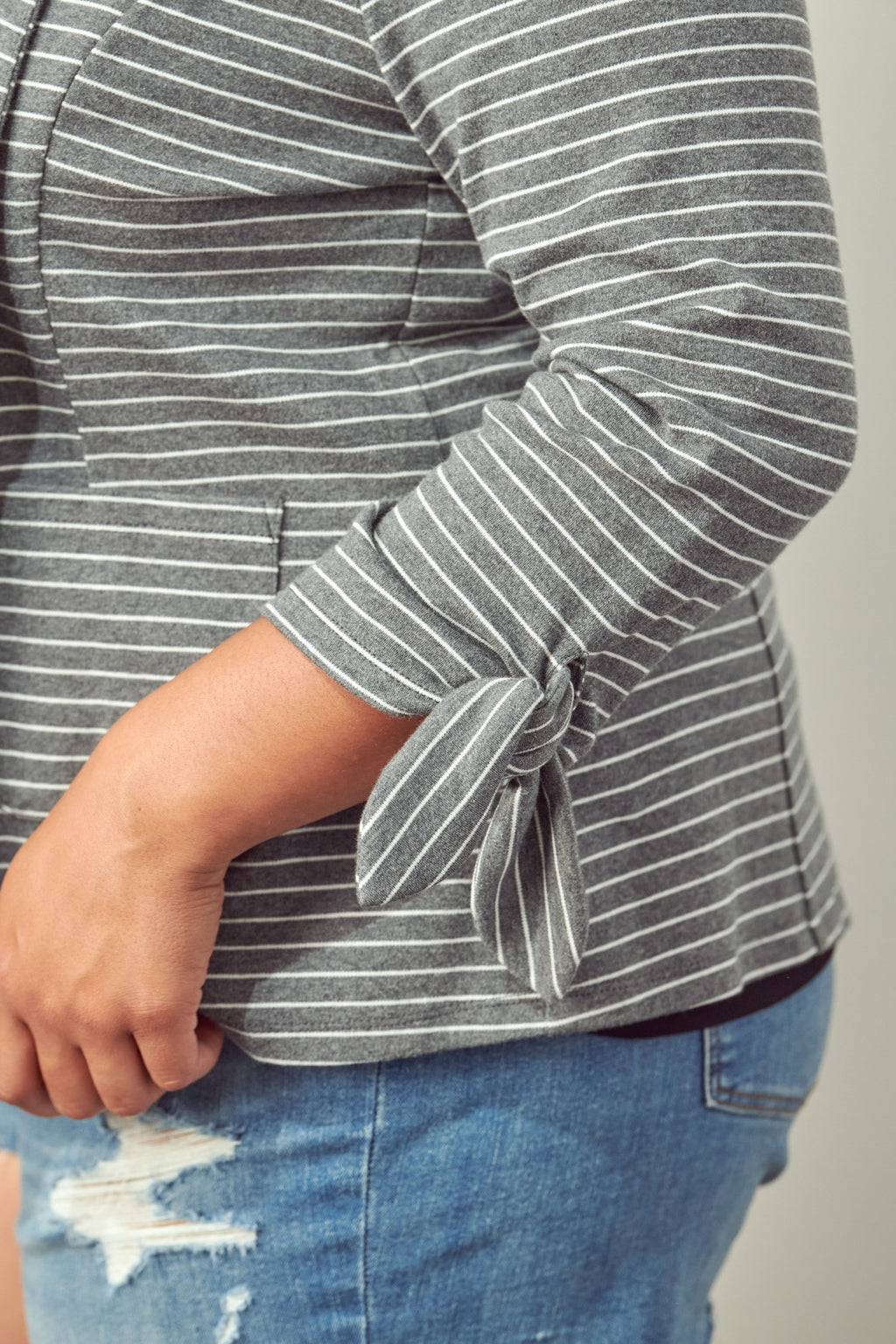 Tie Sleeve Knit Blazer (Grey - Plus Size)