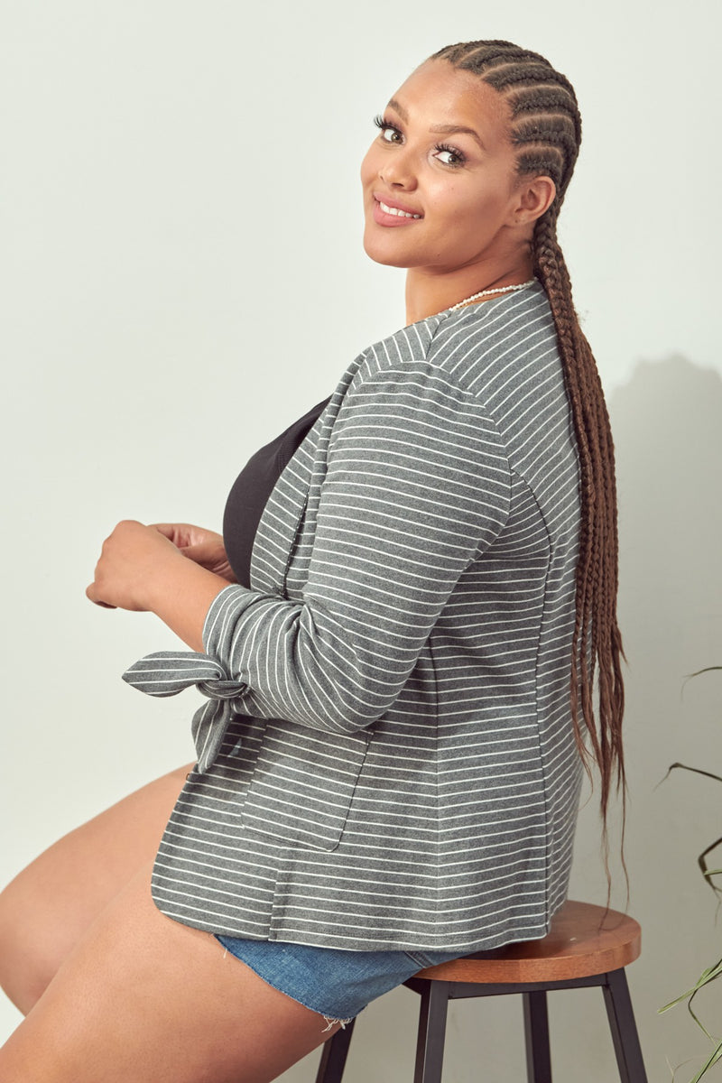 Tie Sleeve Knit Blazer (Grey - Plus Size)