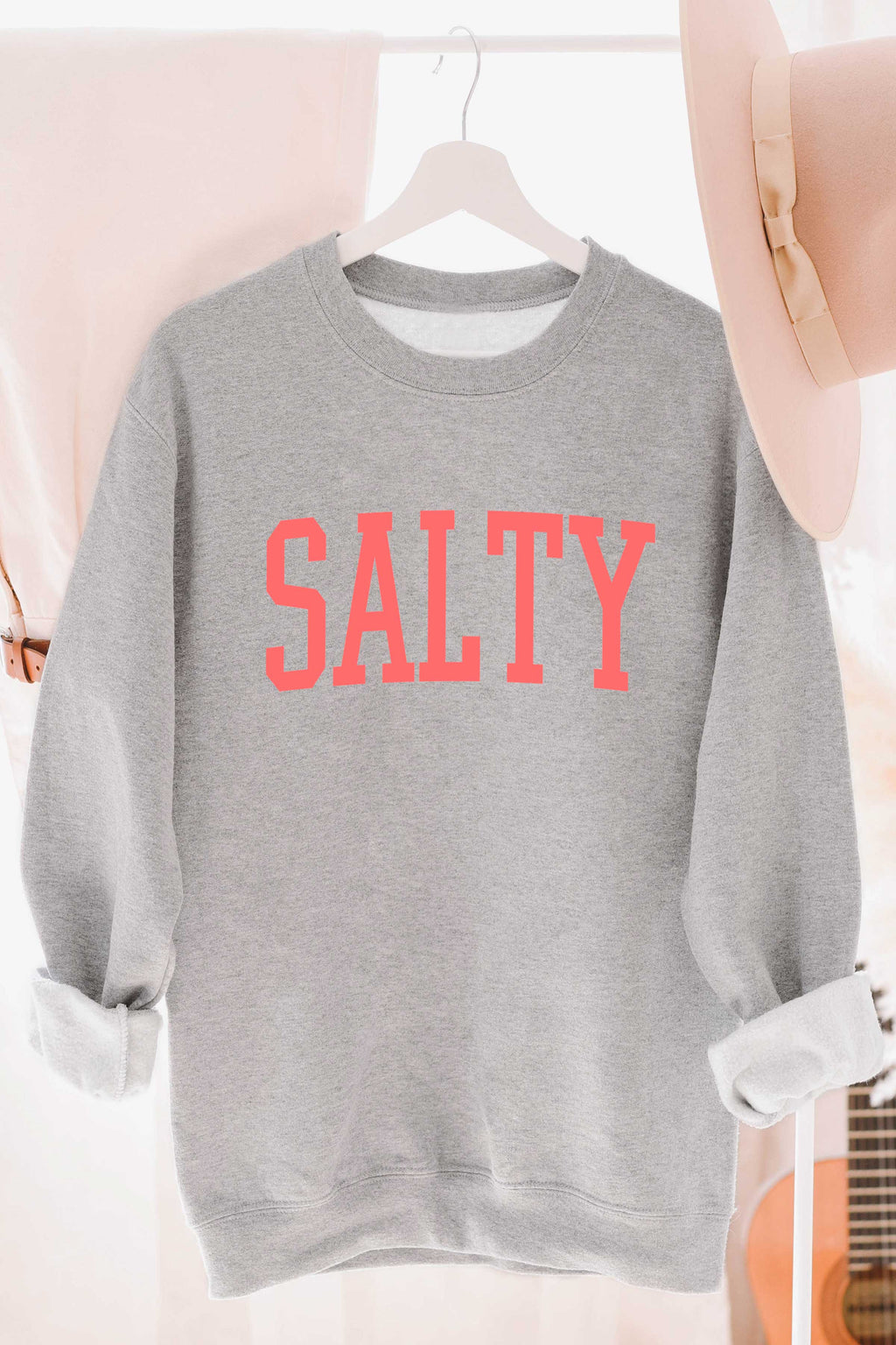 "Salty" Unisex Graphic Sweatshirt (Heather Grey & Coral Ink)