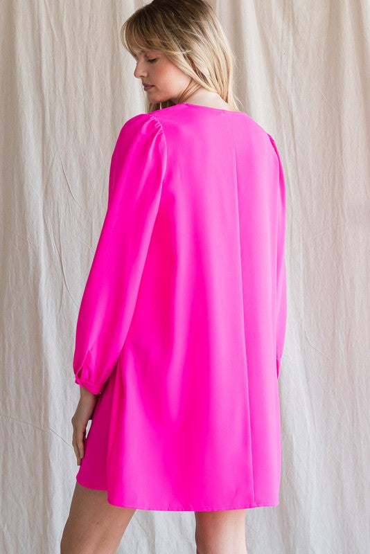 V-Neck Balloon Sleeve Dress (Hot Pink)