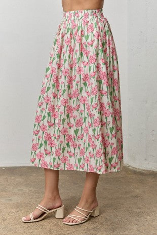 Floral Print Elastic Waist Midi Skirt (1X - 3X)