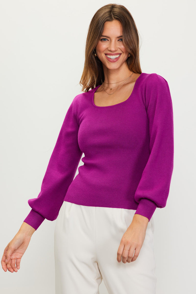 Square Neck Balloon Sleeve Sweater (Orchid)