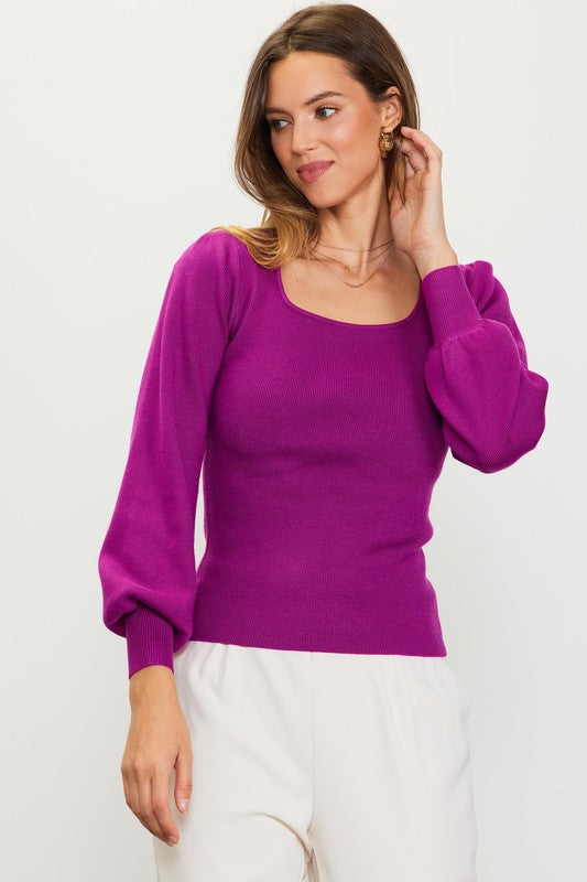 Square Neck Balloon Sleeve Sweater (Orchid)