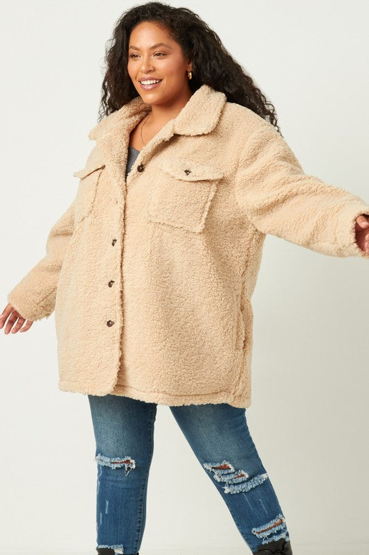 Button Front Sherpa Jacket (Plus Size)