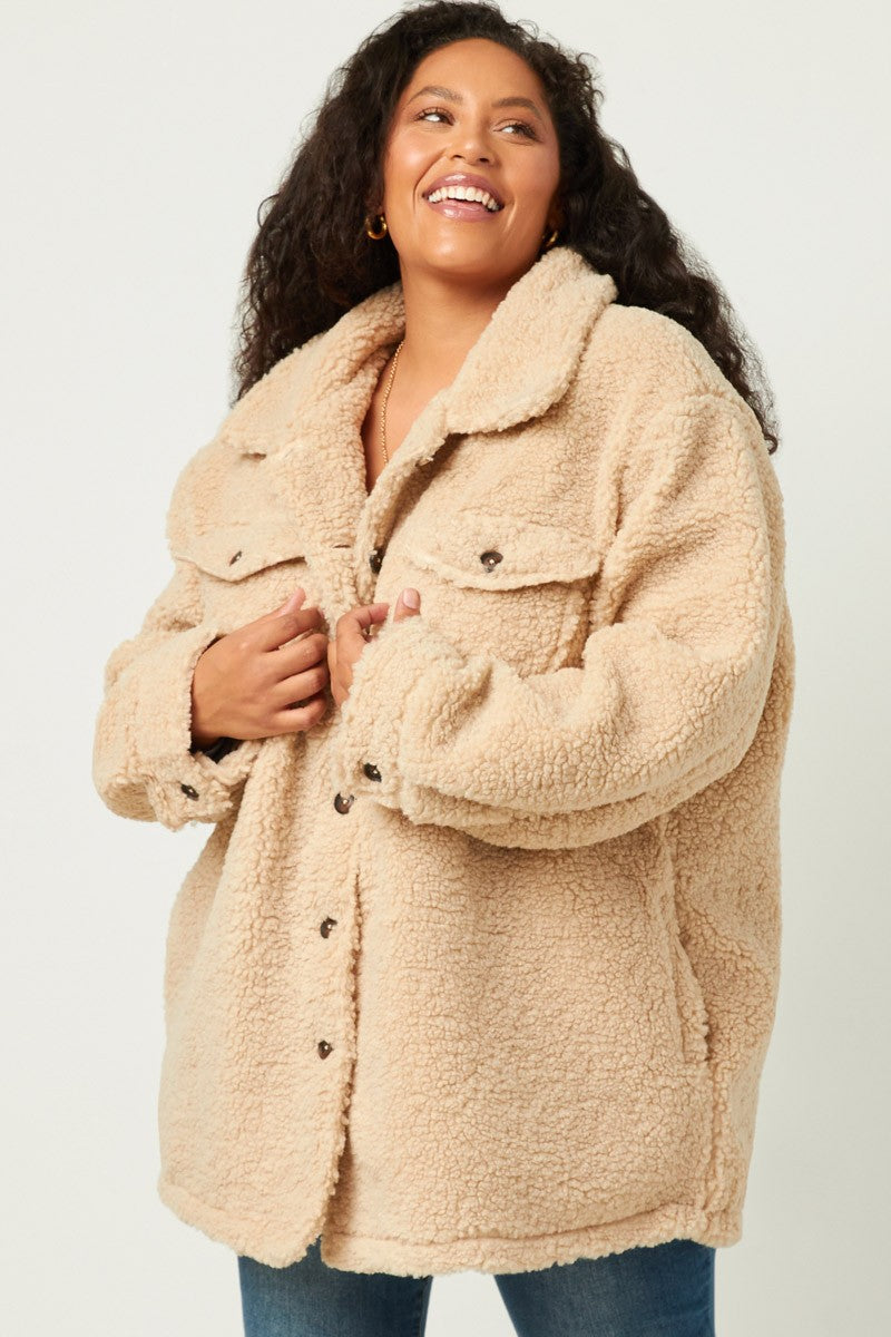 Button Front Sherpa Jacket (Plus Size)