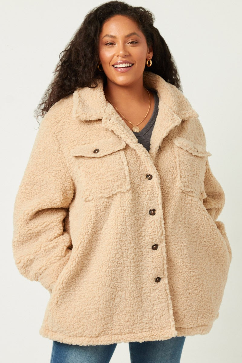Button Front Sherpa Jacket (Plus Size)