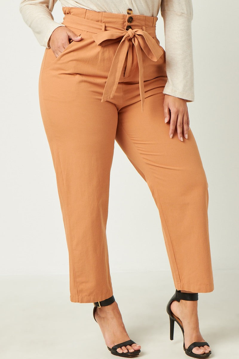 Belted Paperbag Waist Pants (Plus Size - Camel)