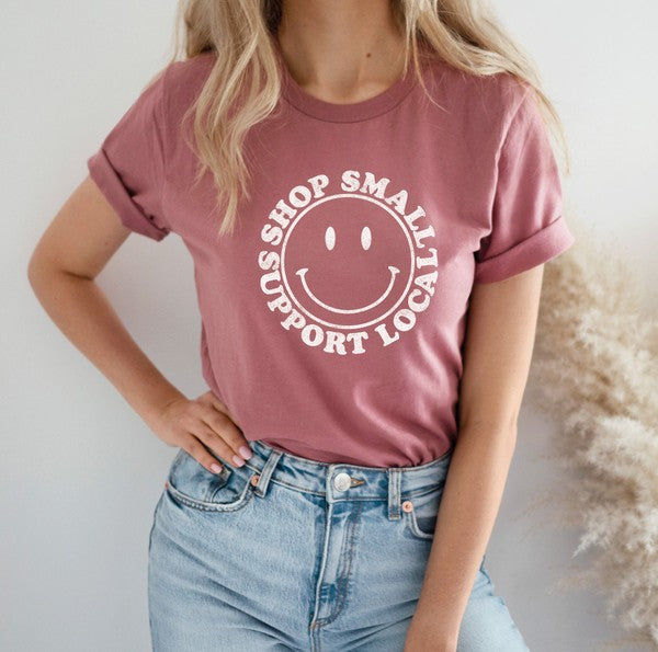 "Shop Small Support Local" Smiley Face Unisex Graphic T-Shirt (Heather Mauve)