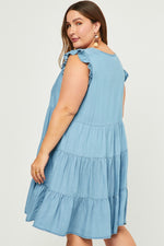 Ruffle Sleeve Button Front Tiered Denim Dress (Plus Size)