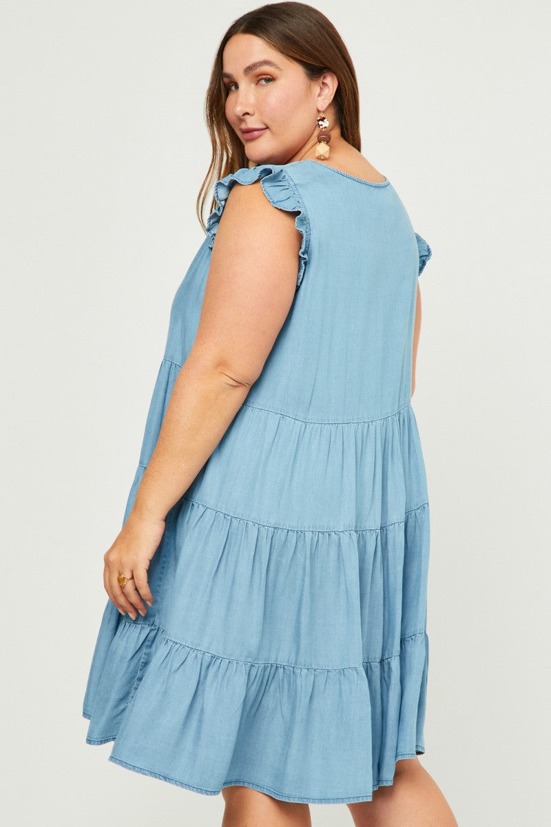 Ruffle Sleeve Button Front Tiered Denim Dress (Plus Size)