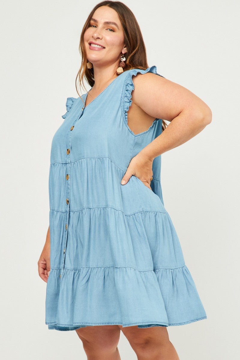 Ruffle Sleeve Button Front Tiered Denim Dress (Plus Size)