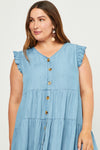 Ruffle Sleeve Button Front Tiered Denim Dress (Plus Size)