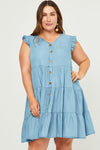 Ruffle Sleeve Button Front Tiered Denim Dress (Plus Size)