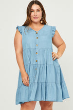 Ruffle Sleeve Button Front Tiered Denim Dress (Plus Size)