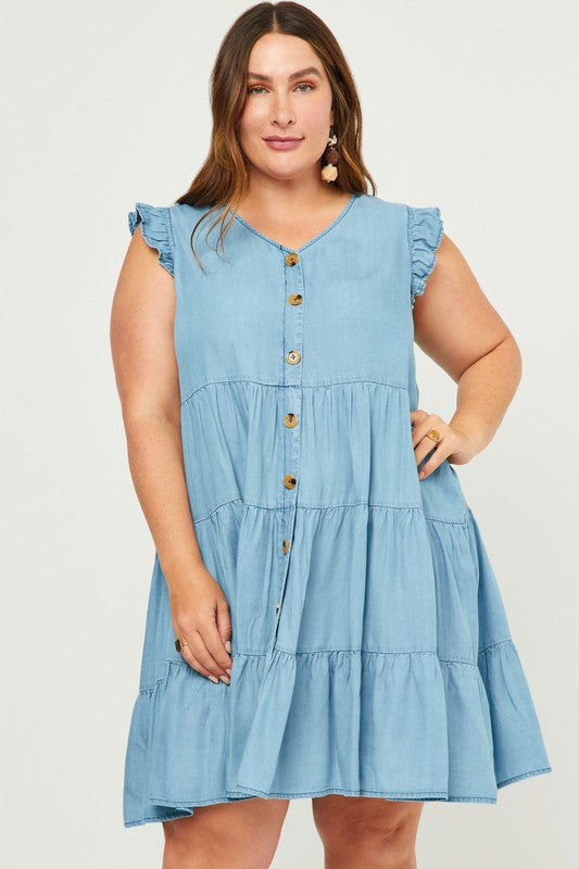 Ruffle Sleeve Button Front Tiered Denim Dress (Plus Size)