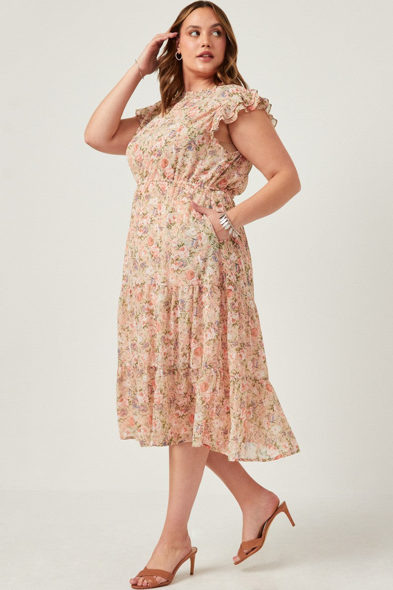 Romantic Floral Print Smock Neck Midi Dress (Plus Size)