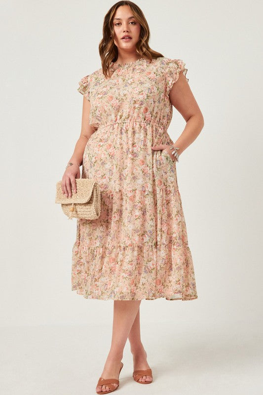 Romantic Floral Print Smock Neck Midi Dress (Plus Size)