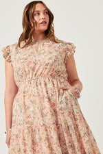Romantic Floral Print Smock Neck Midi Dress (Plus Size)