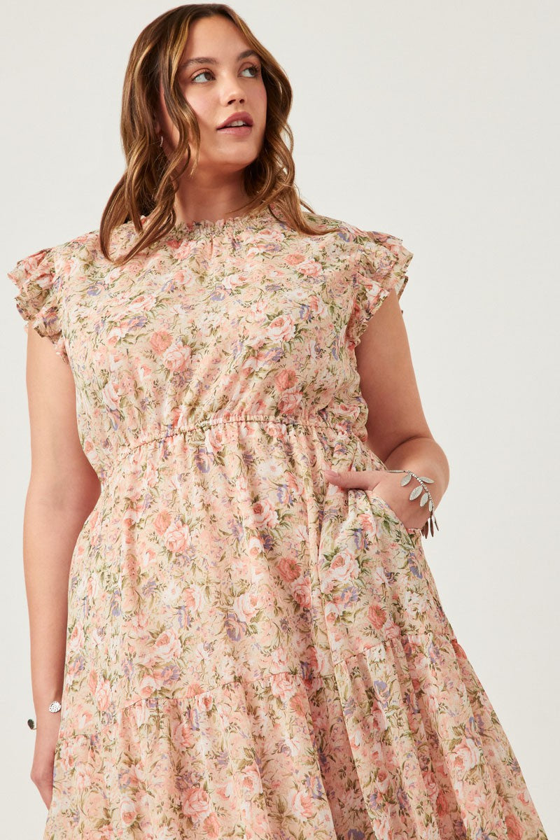 Romantic Floral Print Smock Neck Midi Dress (Plus Size)