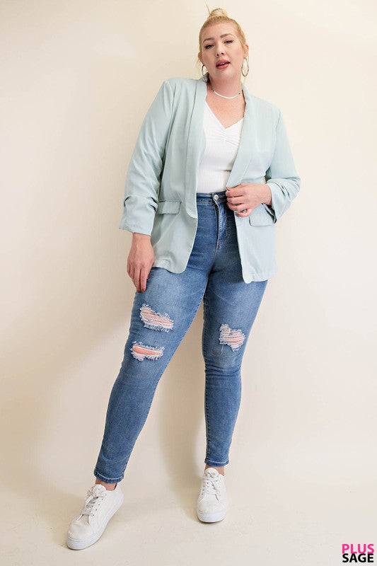 Ruched Sleeve Blazer w/ Abstract Print Lining (Plus Size)