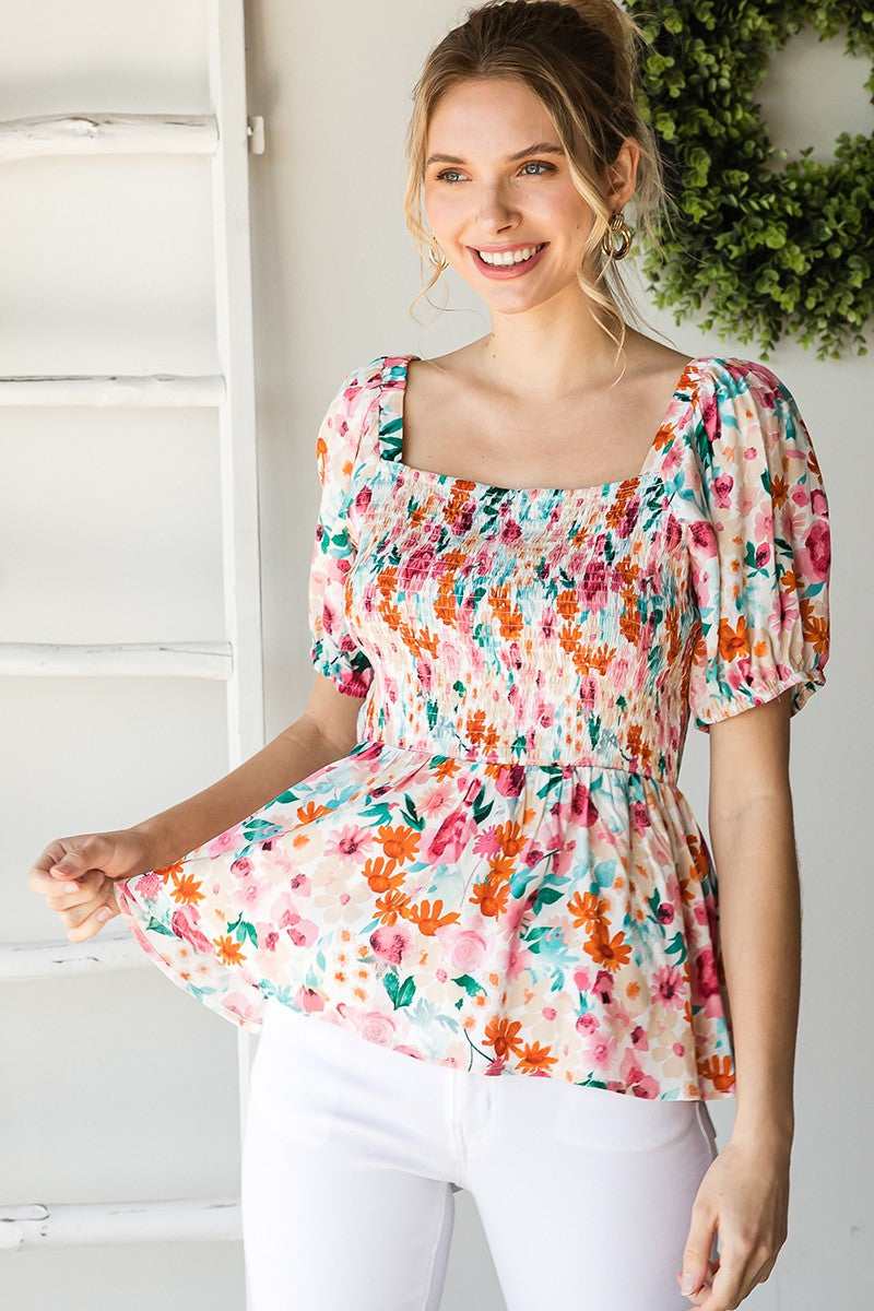 Floral Print Smocked Bust Peplum Top