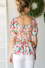 Floral Print Smocked Bust Peplum Top