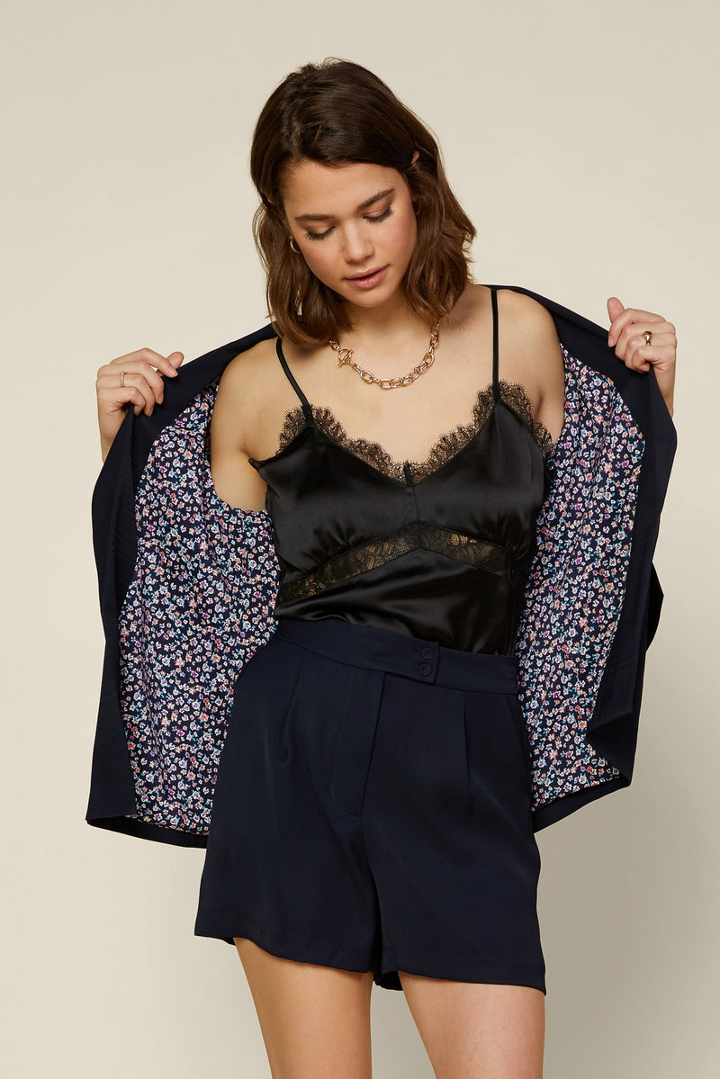 Recycled Polyester Shirred Sleeve Blazer (Navy)