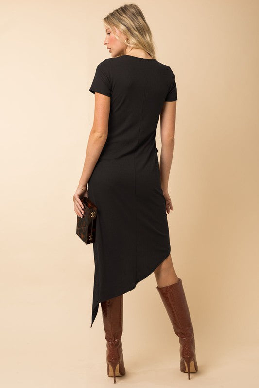 Short Sleeve Twist Wrap Dress (Black)
