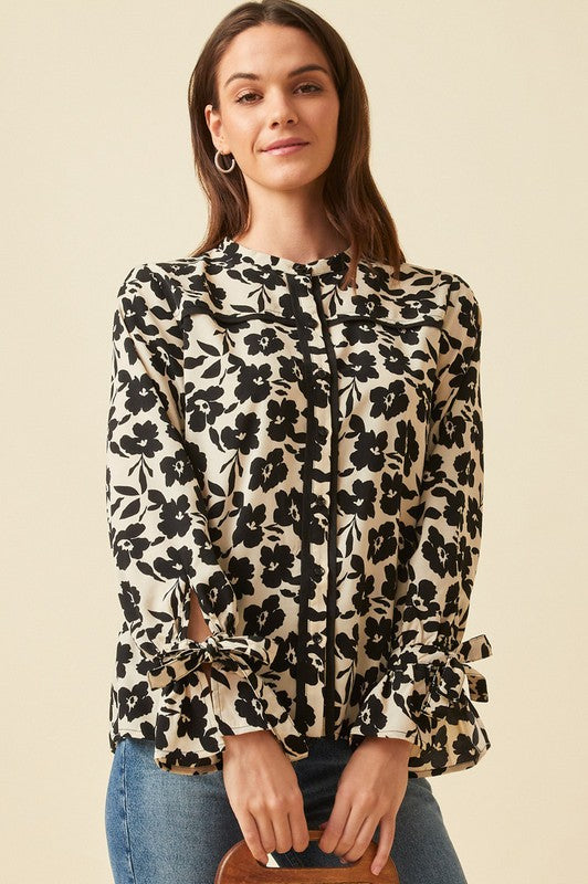 Tie Sleeve Button Front Floral Blouse