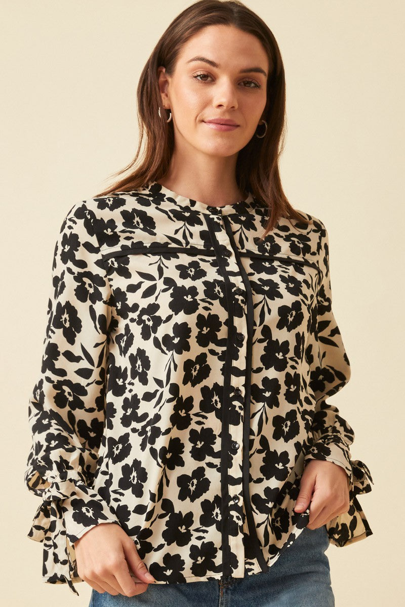 Tie Sleeve Button Front Floral Blouse