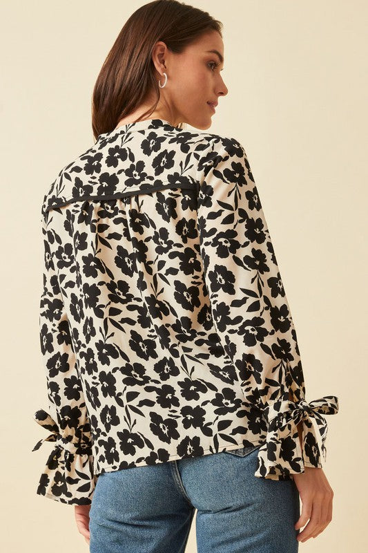 Tie Sleeve Button Front Floral Blouse