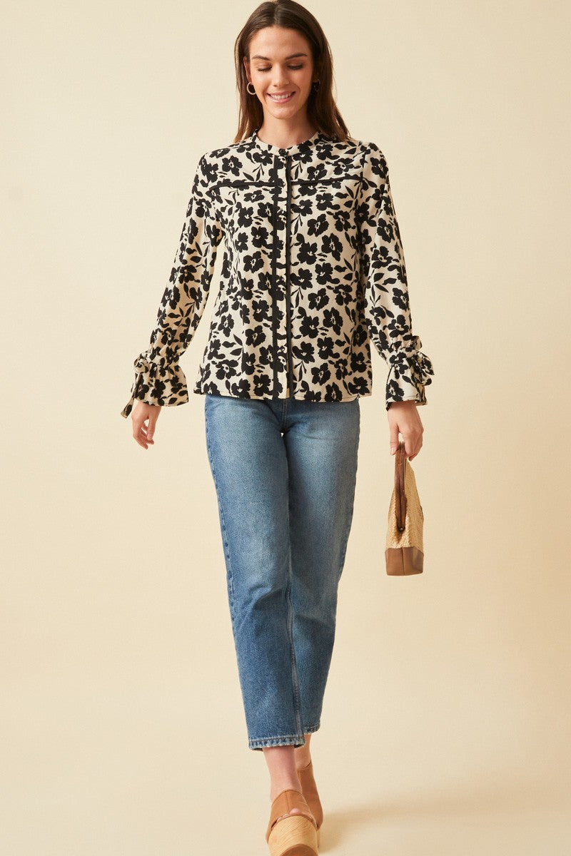 Tie Sleeve Button Front Floral Blouse