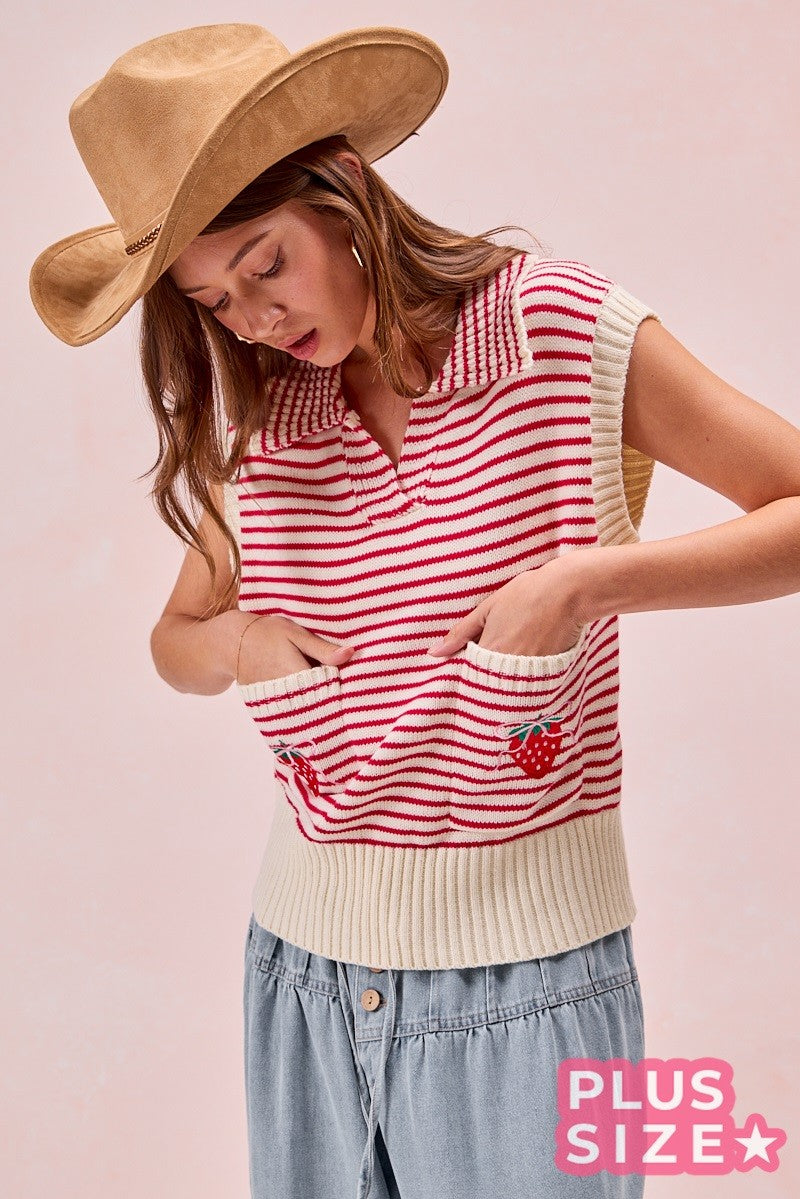 Double Pocket Stripe Strawberry Knit Top (Plus Size)