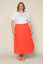 Neon Orange Pleated Elastic Waist Maxi Skirt (Plus Size)