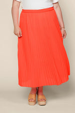 Neon Orange Pleated Elastic Waist Maxi Skirt (Plus Size)