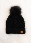 Black Cable Knit Hat w/ Black Pom